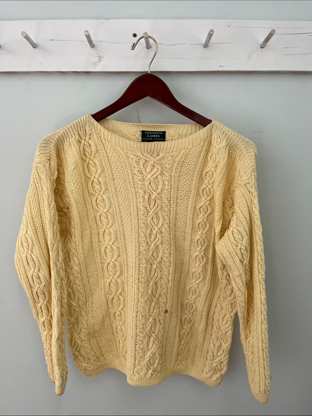 VTG Lauren Ralph Lauren Exclusive Handknit Butter Yellow Cable Boatneck Sweater